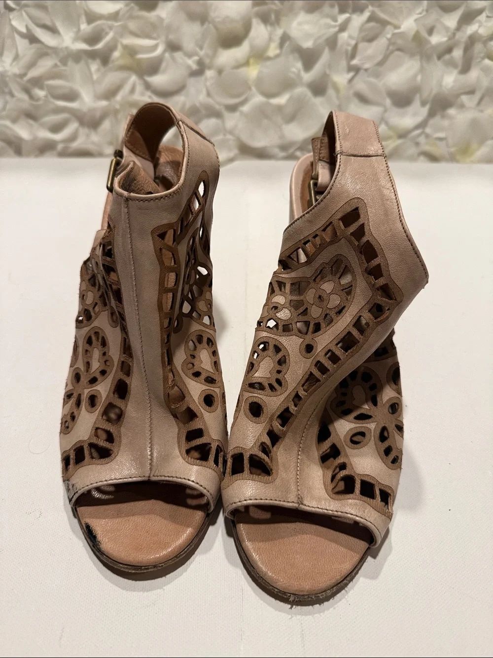 Laser-Cut Peep-Toe Slingback Heels in Dusty Taupe